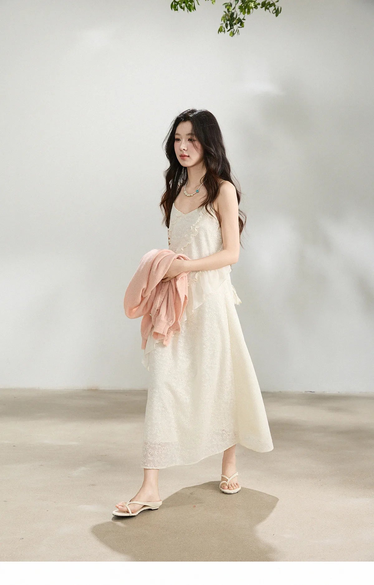 Mishow Cream Irregular Lace Ruffled Slip Dress MXF108L1005