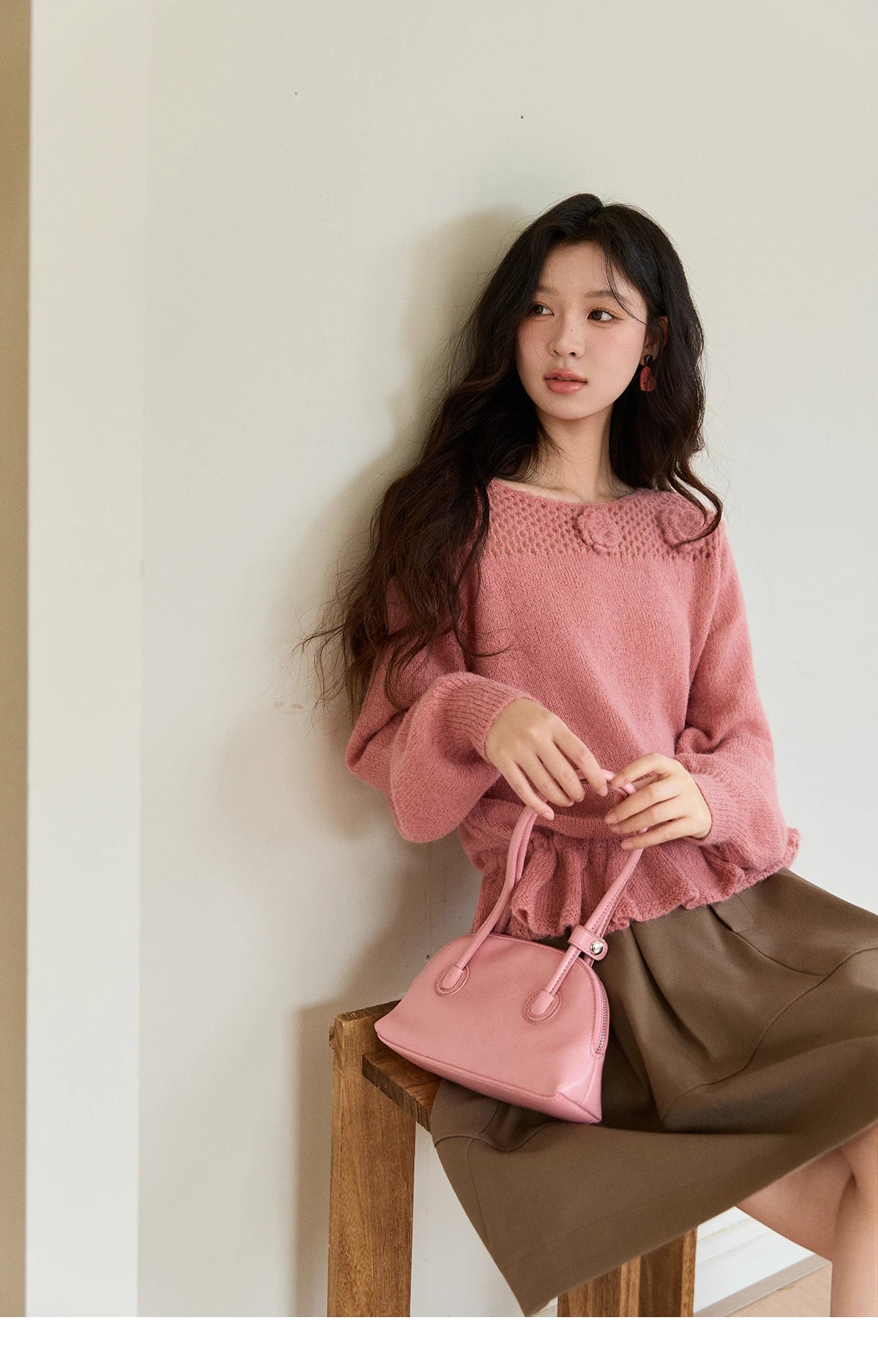 Mishow Pink Hollow Floral Ruffled Hem Sweater MXE94Z2865
