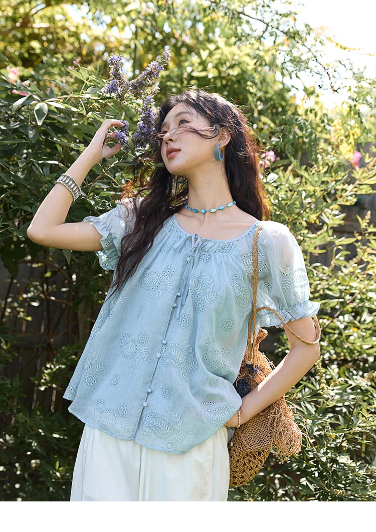 MISHOW Embroidered Flower Shirt Puff Sleeve Round Neck MXE39X1922