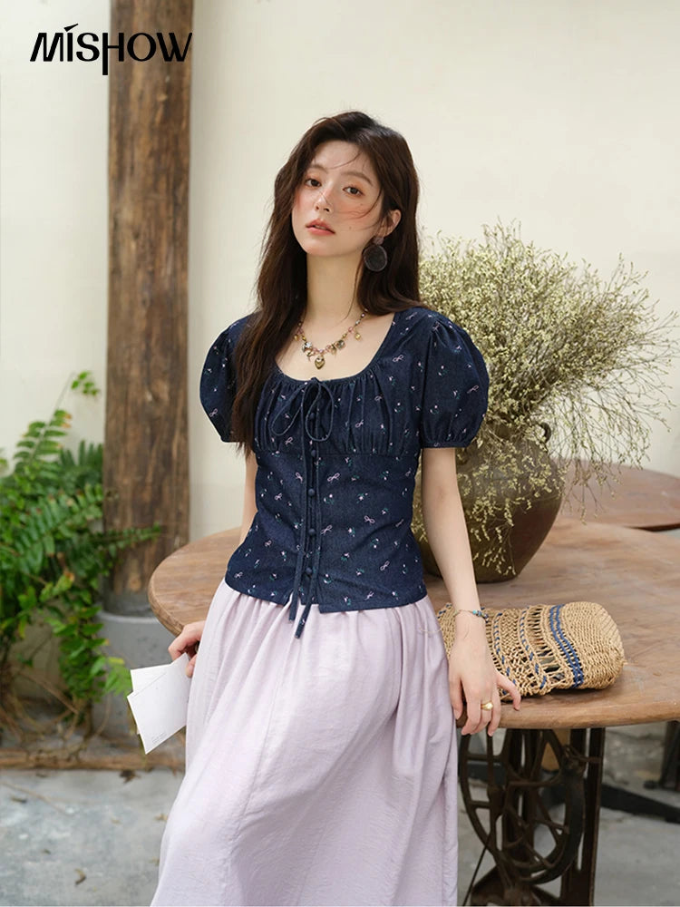 MISHOW Puff Sleeve Square Neck Blouse Lace Up Print Denim MXE39X1933