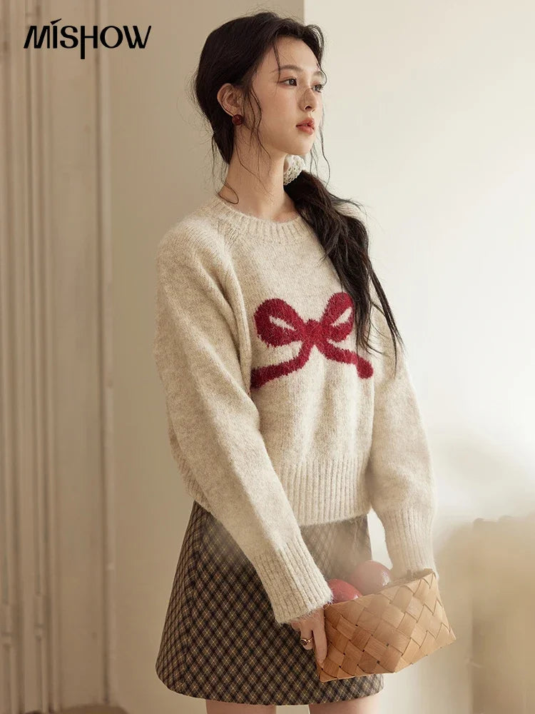 Mishow French Beige Embroidered Bow Tie O-Neck Sweater MXD35Z0944