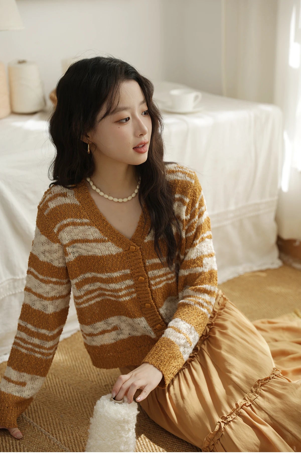 Mishow Retro Yellow Striped V-Neck Cardigan MXE44Z2516