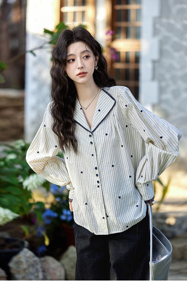 MISHOW Striped Bubble Sleeve Shirt Love Embroidered MXE12C0390