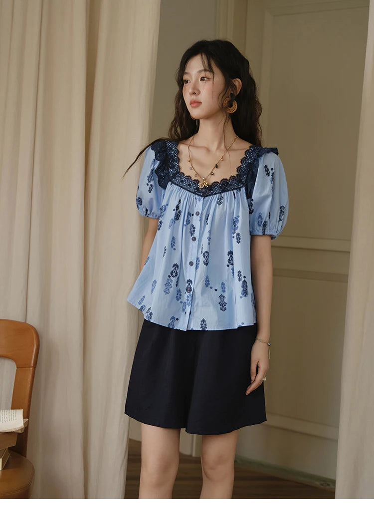 MISHOW Print Cotton Shirt Puff Sleeve Lace Splicing MXE35X1842