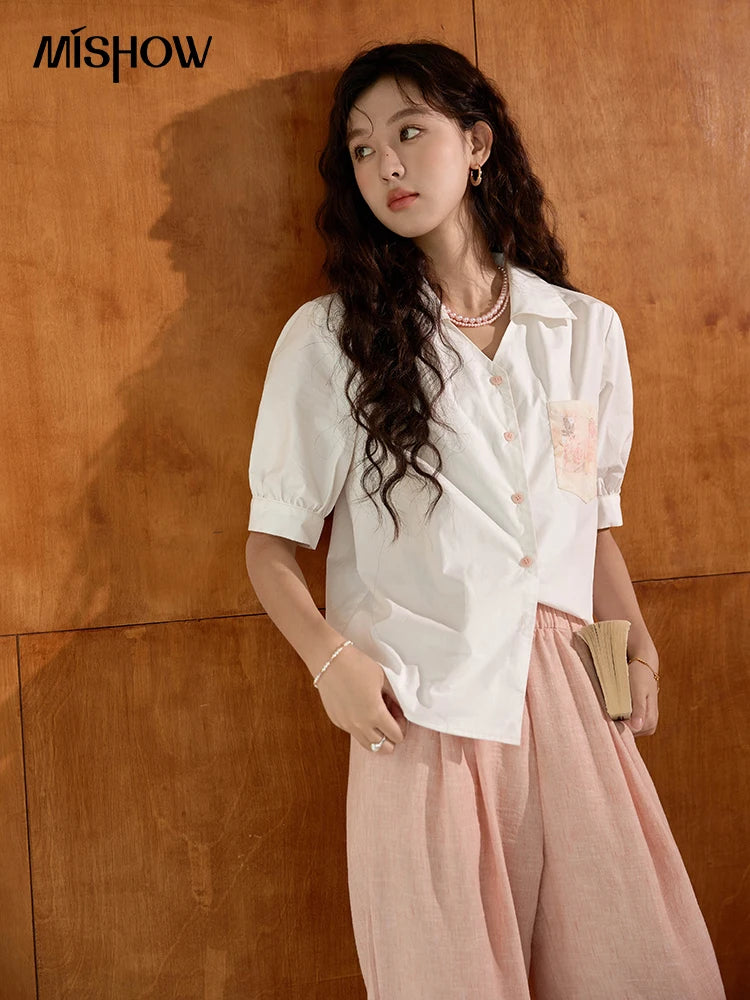 MISHOW Cotton Short Sleeve Shirt Embroidered Pocket Puff Sleeve MXD26C0243