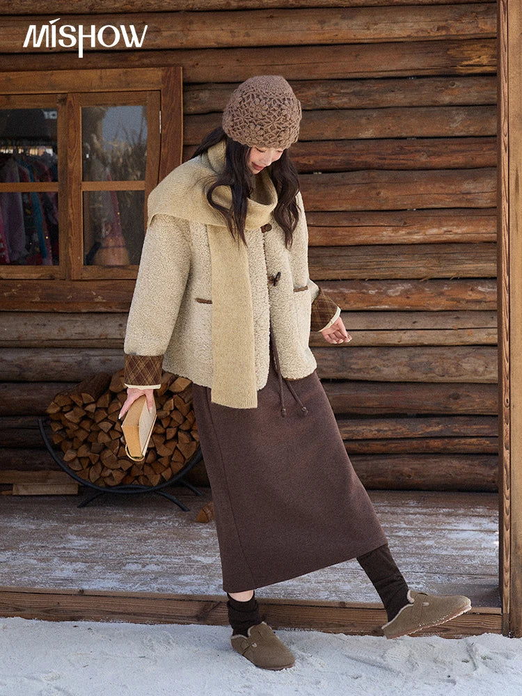 Mishow Plaid Patchwork Lamb Wool Round Neck Coat MXE90W0923