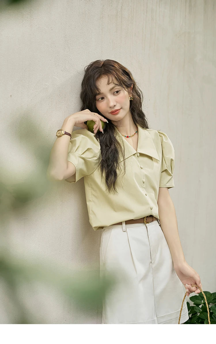 MISHOW Bubble Sleeve V-Neck Shirt Lapel Collar Loose MXD28X1471
