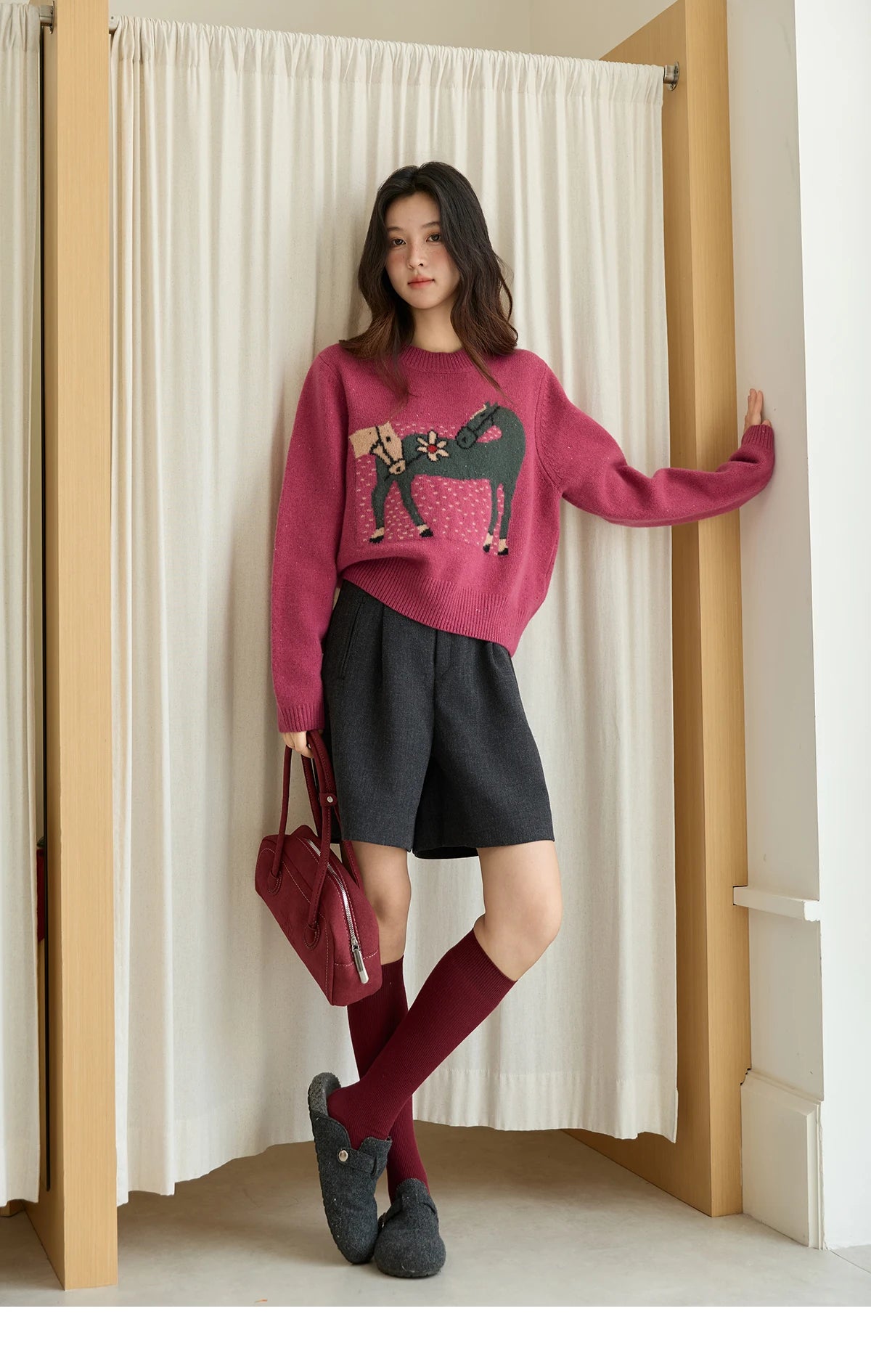 Mishow Red Pony Jacquard Round Neck Pullover MXE48Z2622
