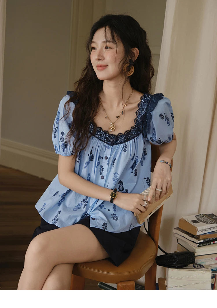 MISHOW Print Cotton Shirt Puff Sleeve Lace Splicing MXE35X1842