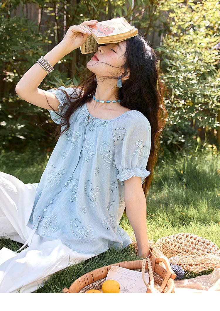 MISHOW Embroidered Flower Shirt Puff Sleeve Round Neck MXE39X1922