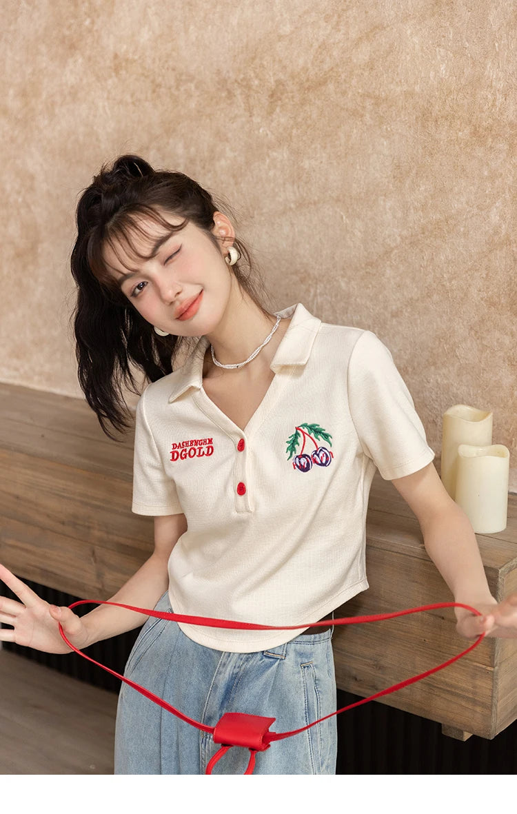 Mishow Korean Polo Collar Embroidery Letter Tee MXB32T0477