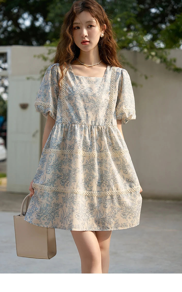 Mishow Square Collar Blue Floral Puff Sleeve Dress MXC38L1520