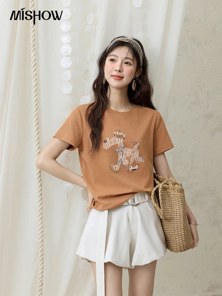 Mishow Cartoon Print Loose Embroidery Tee MXE31T0550