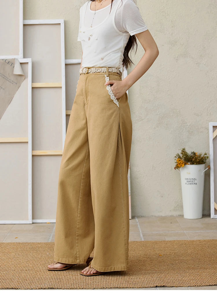 MISHOW Cotton Khaki Lace Patchwork Wide Leg Pants High Waist MXE34K0925