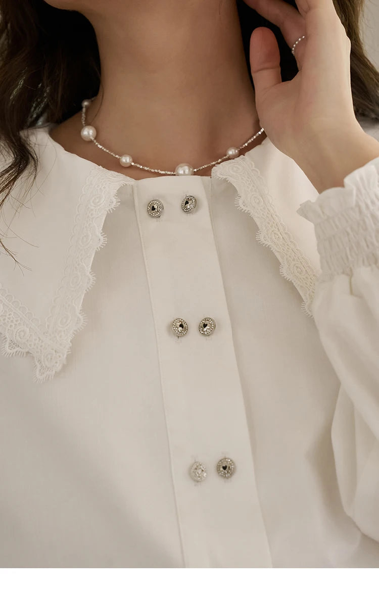 MISHOW Korean Doll Neck Shirt Lace Patchwork Bubble Sleeve Elastic Hem MXD12C0164