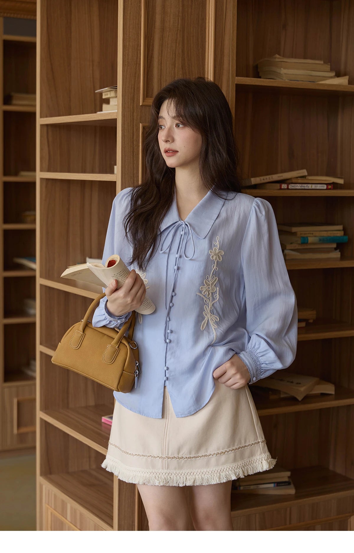 MISHOW Lyocell T-Shirt Flower Embroidered Puff Sleeves Lace-Up MXE42C2371