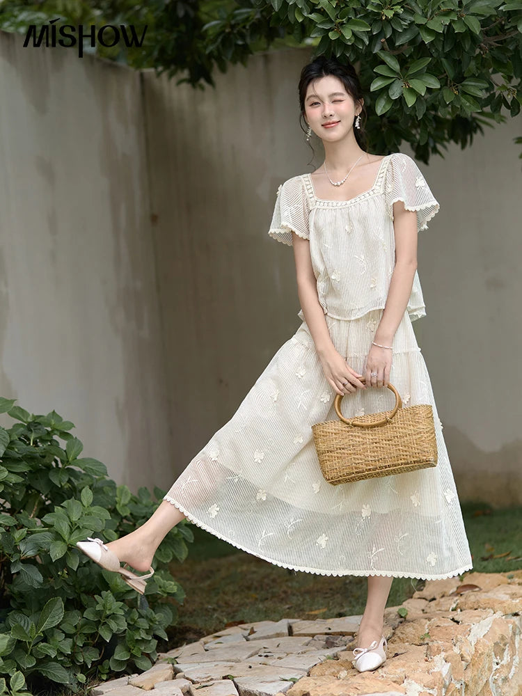 MISHOW Butterfly Flying Sleeve Blouse & Elastic Waist Skirt Set MXD29X1559