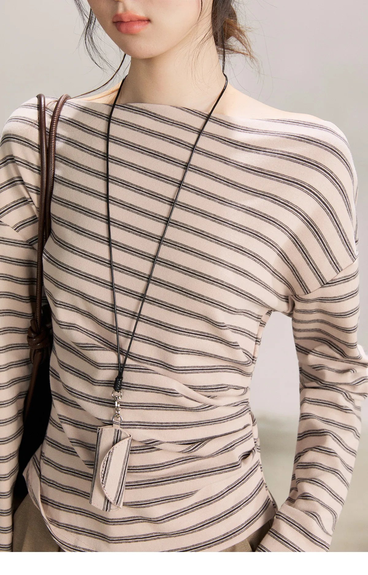 Mishow Striped Boat Neck T-Shirt with Necklace MXF13T1514