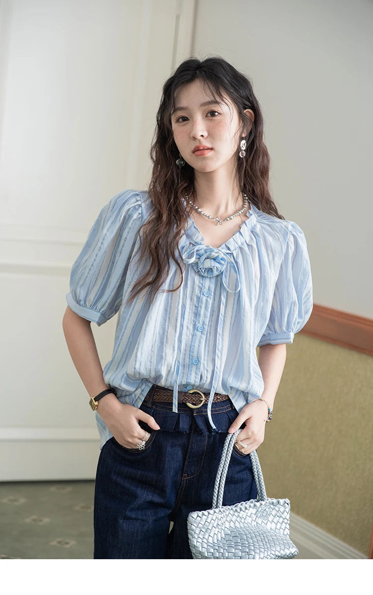 MISHOW Striped Puff Sleeve V-Neck Button Shirt MXE36X1870