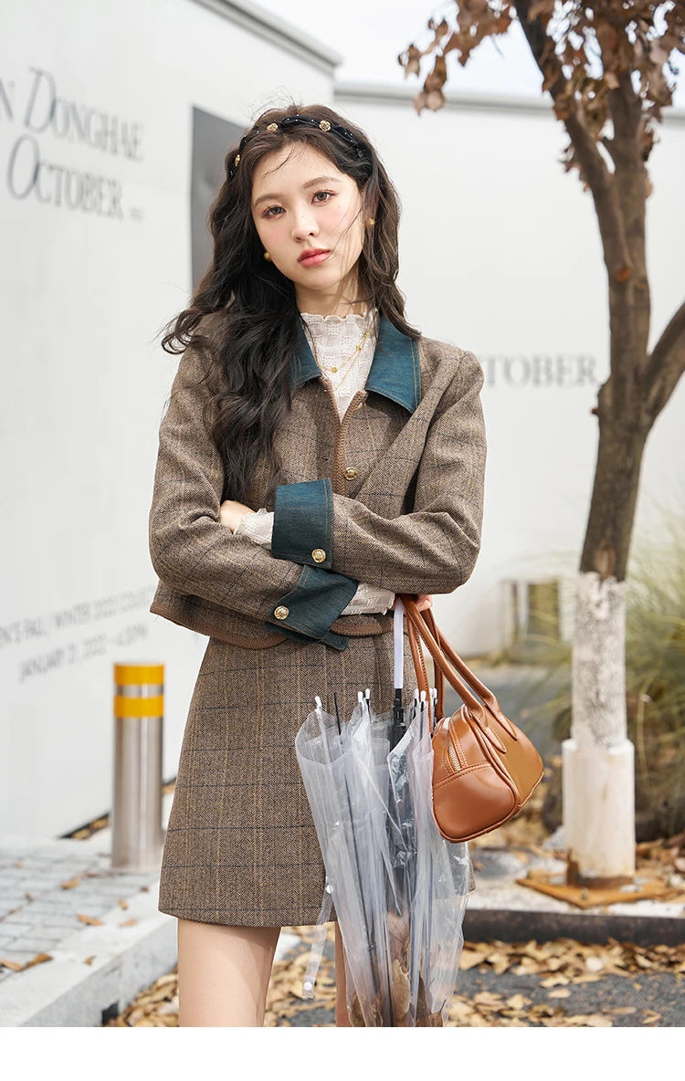 Mishow Fashion Retro Plaid Wool Jacket & Half Pleated Skirt Set MXC47W0154