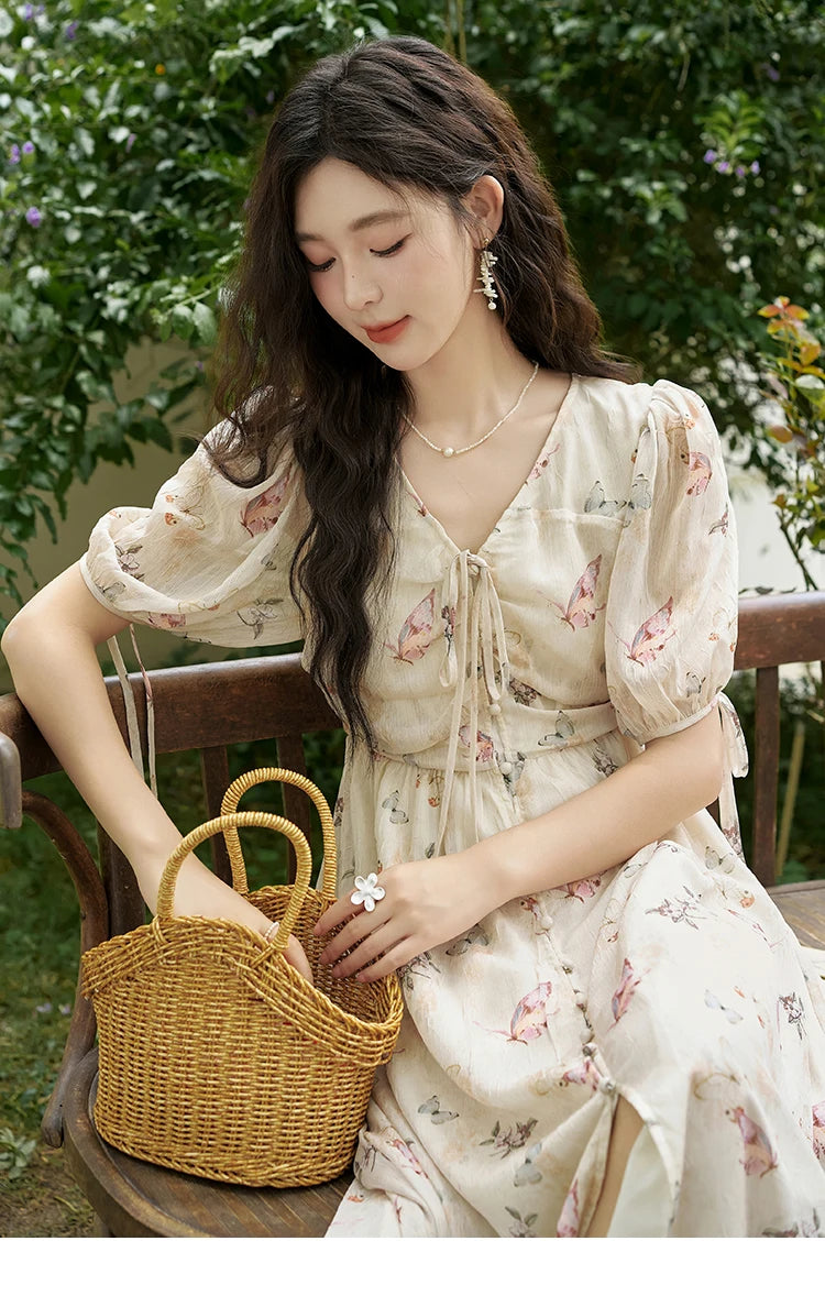 Mishow Butterfly Print V-Neck Lace-Up Bubble Sleeve Dress MXD15L1778