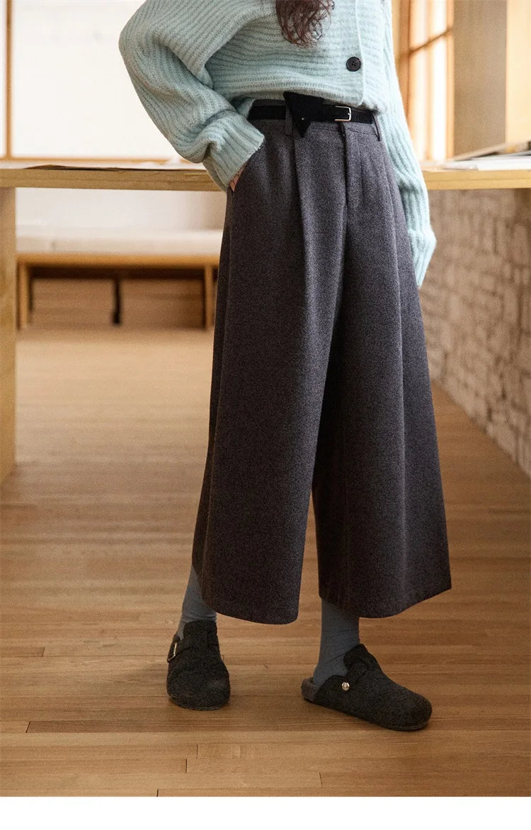 MISHOW Gray Wool Wide-Leg Pants High-Waisted Cropped MXE90K1128
