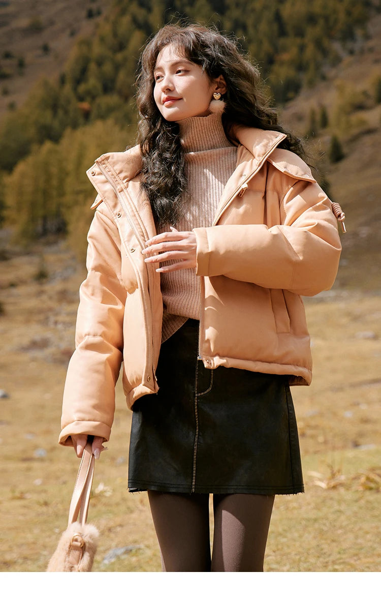 Mishow Hooded Imitation Leather Short Down Jacket MXC52Y0008