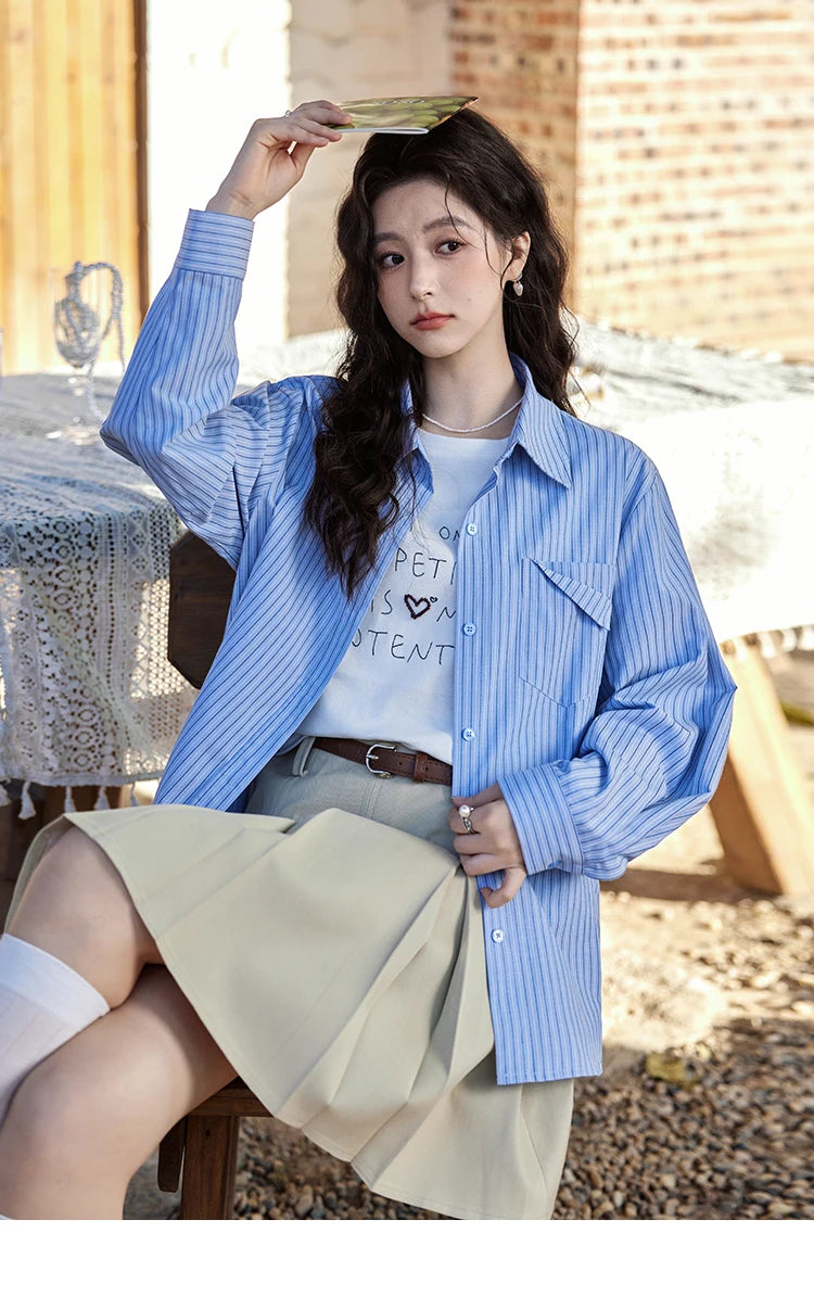 MISHOW Blue Striped Shirt Pocket Turn-Down Collar MXE11C0399