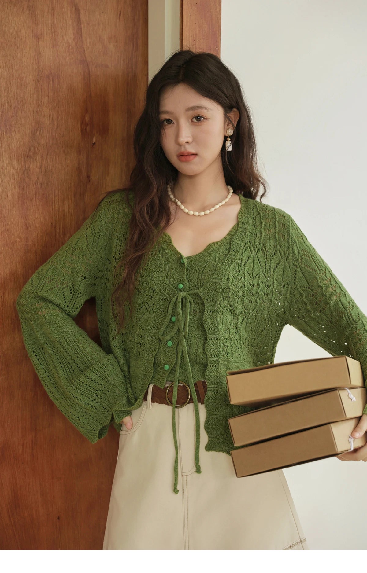 Mishow Flared Sleeve Lace-Up Cardigan & Camisole Set MXE42T0717