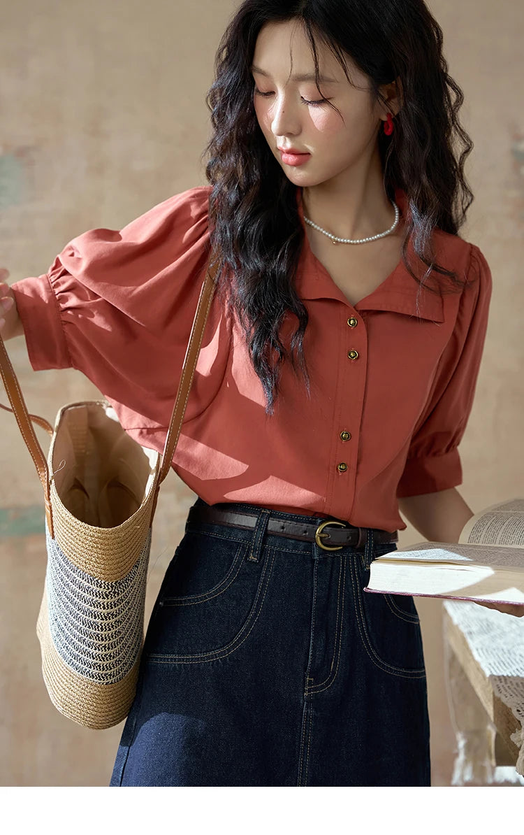 MISHOW Short Sleeve Blouse Lapel Simple Loose Fit MXD28C0247