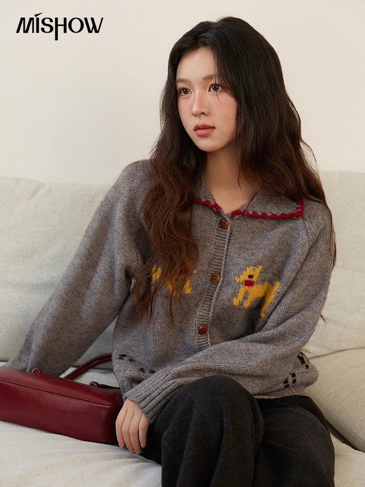 Mishow Dog Cartoon Jacquard Turn-Down Cardigan MXE86Z2727