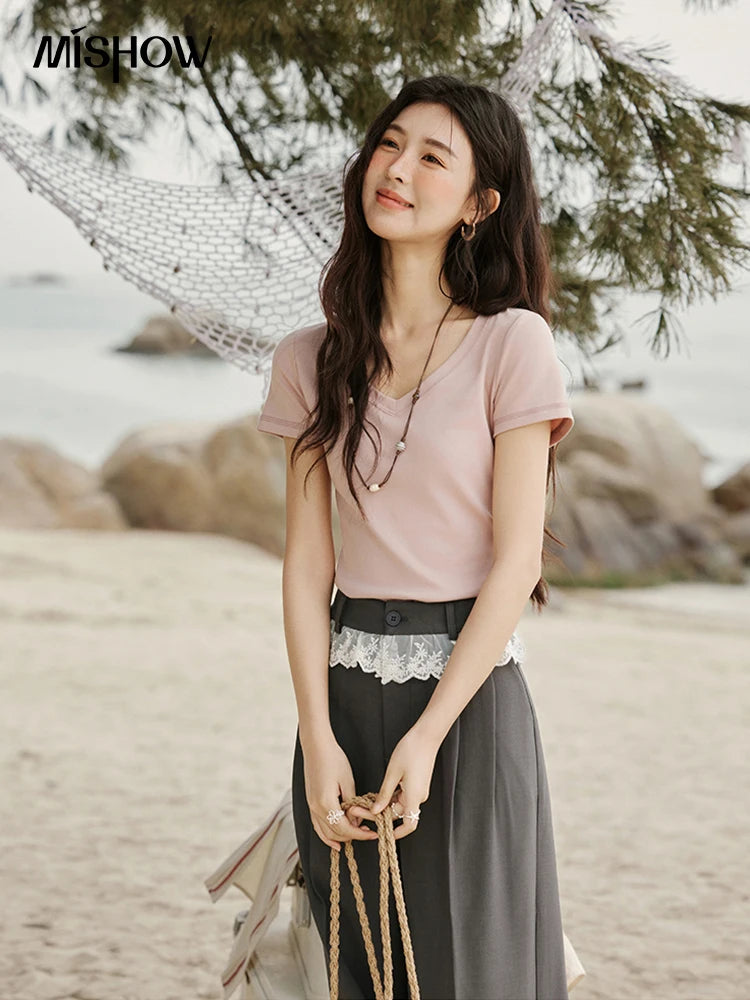 Mishow Solid V-Neck Slim Cotton Tee MXE33T0519