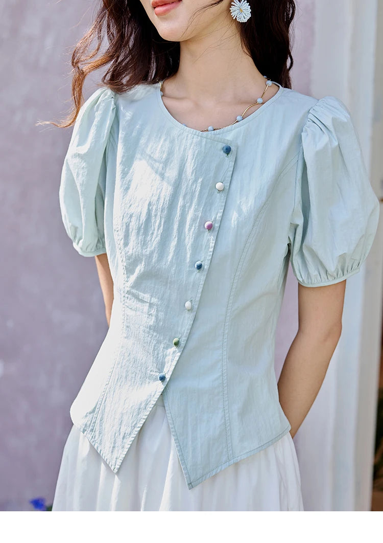 MISHOW Bubble Sleeve Blouse Irregular Placket Rainbow Buttons MXE34X1782