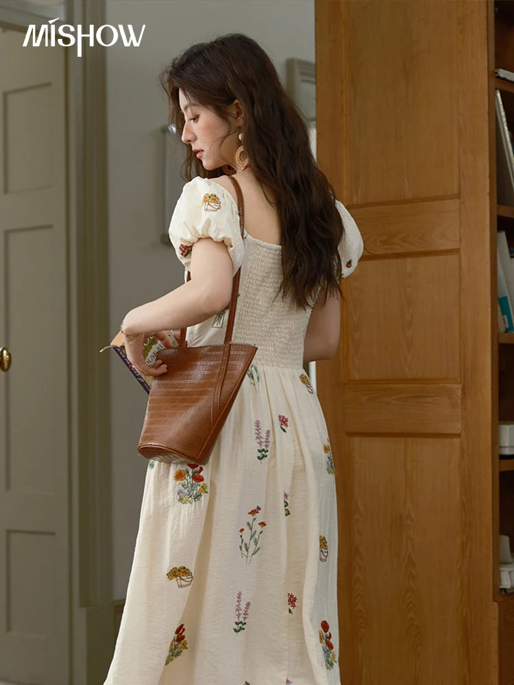 Mishow Square Neck Lace-Up Puff Sleeve Dress MXE37L2315