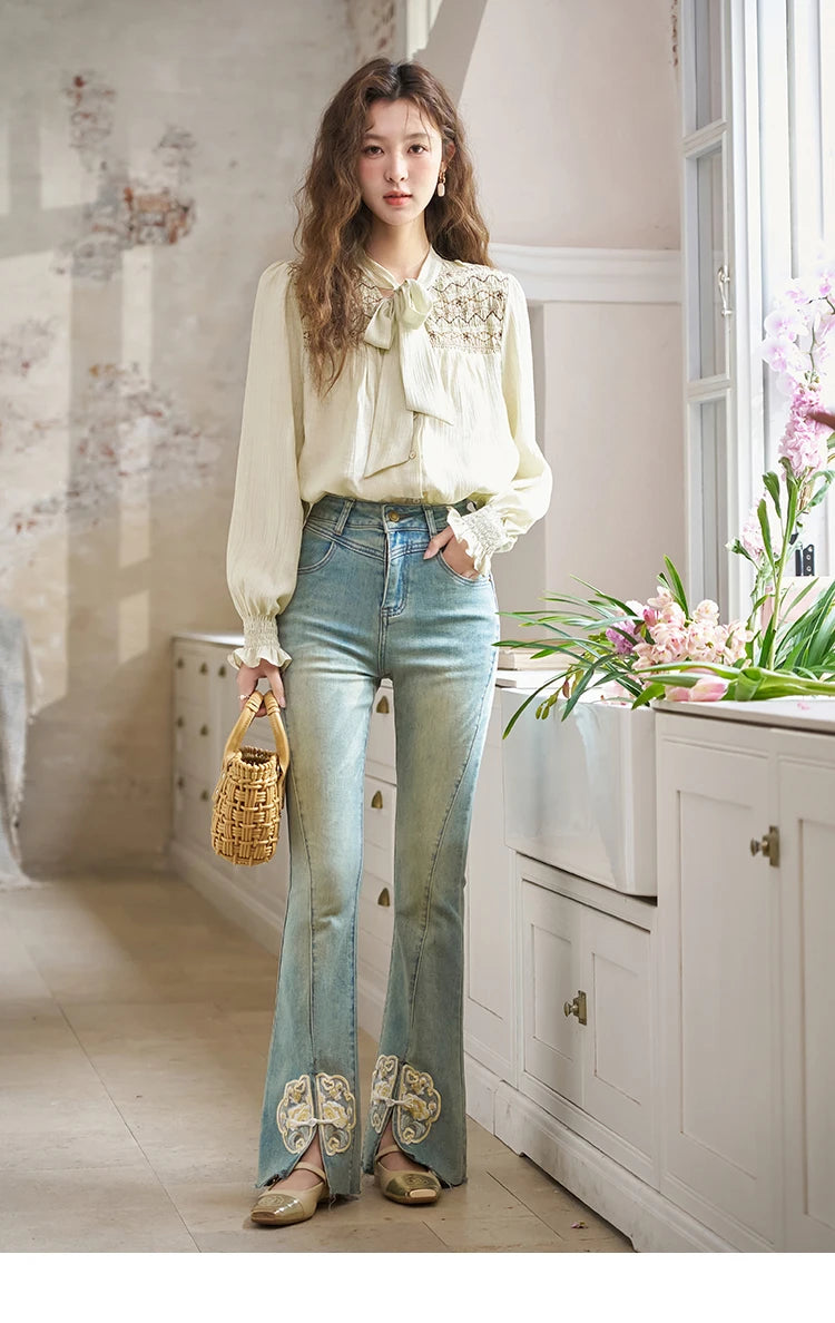 MISHOW Ribbon Collar Shirt Sweet Cuffs Pleated Embroidered Petal Sleeve MXD14C0226