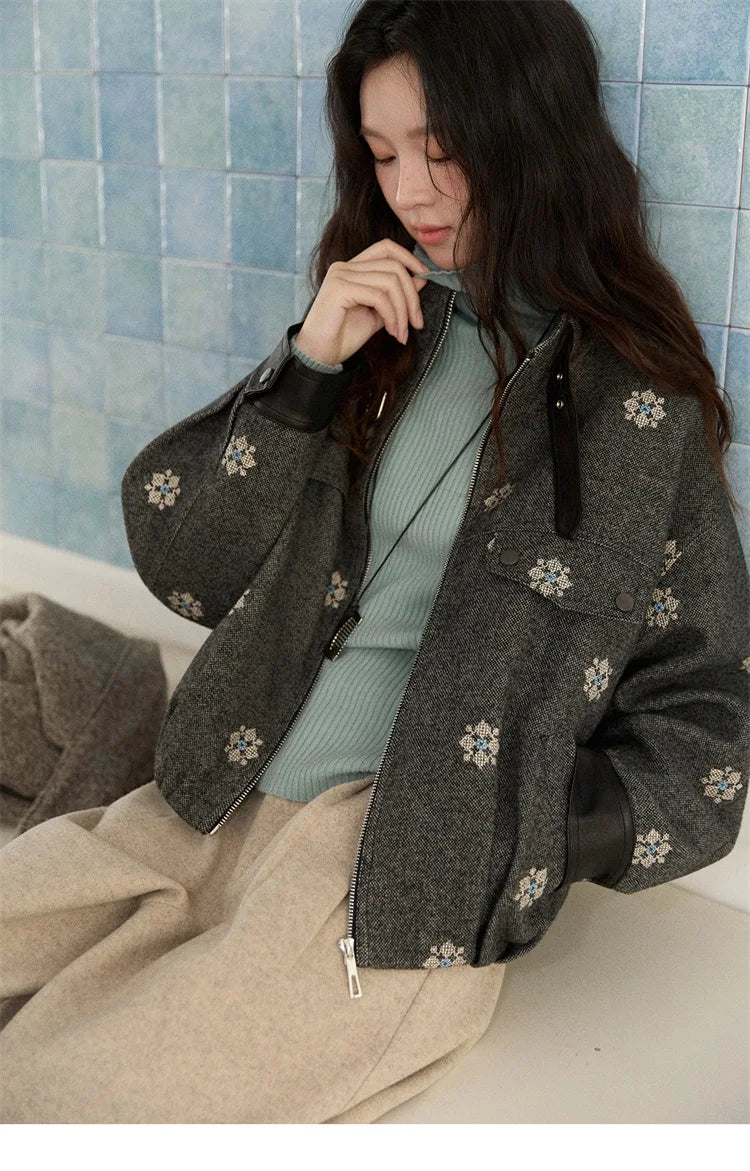 MISHOW Wool Blend Jacket Small Flower Embroidery Turtleneck Zipper MXE86W0906
