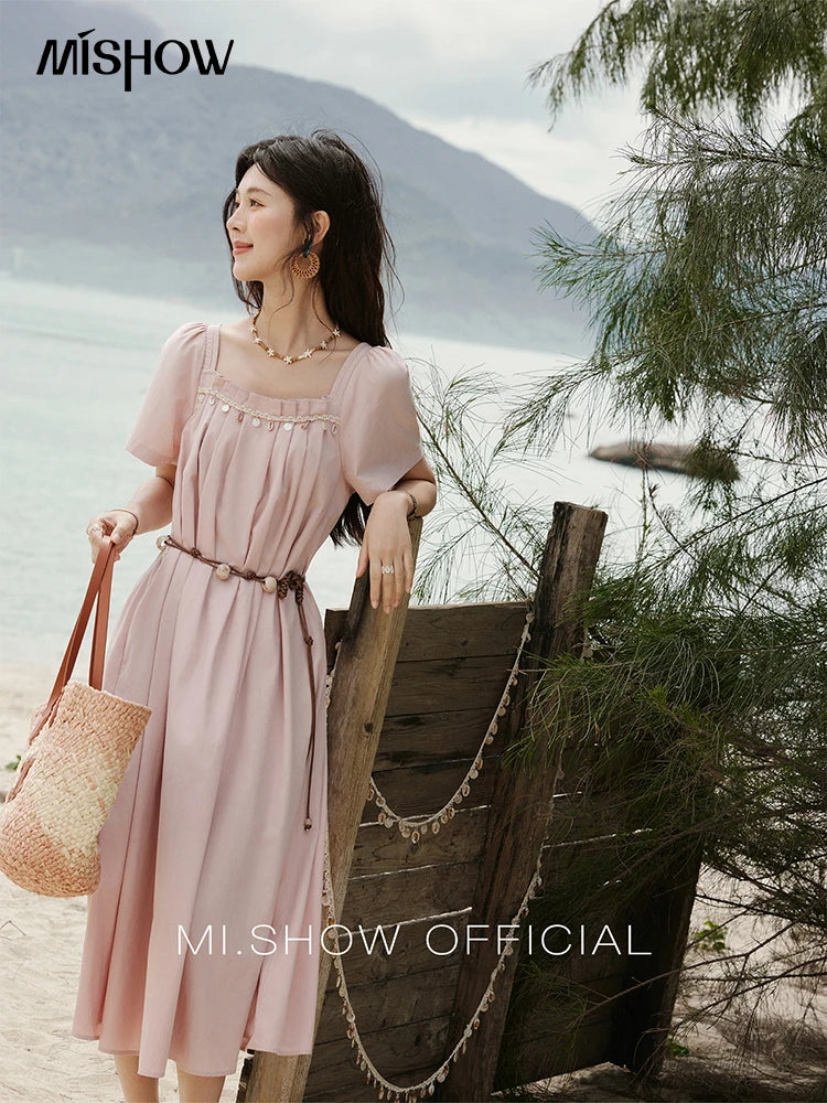 Mishow Bohemian Pink Square Collar Belt Dress MXE33L2158