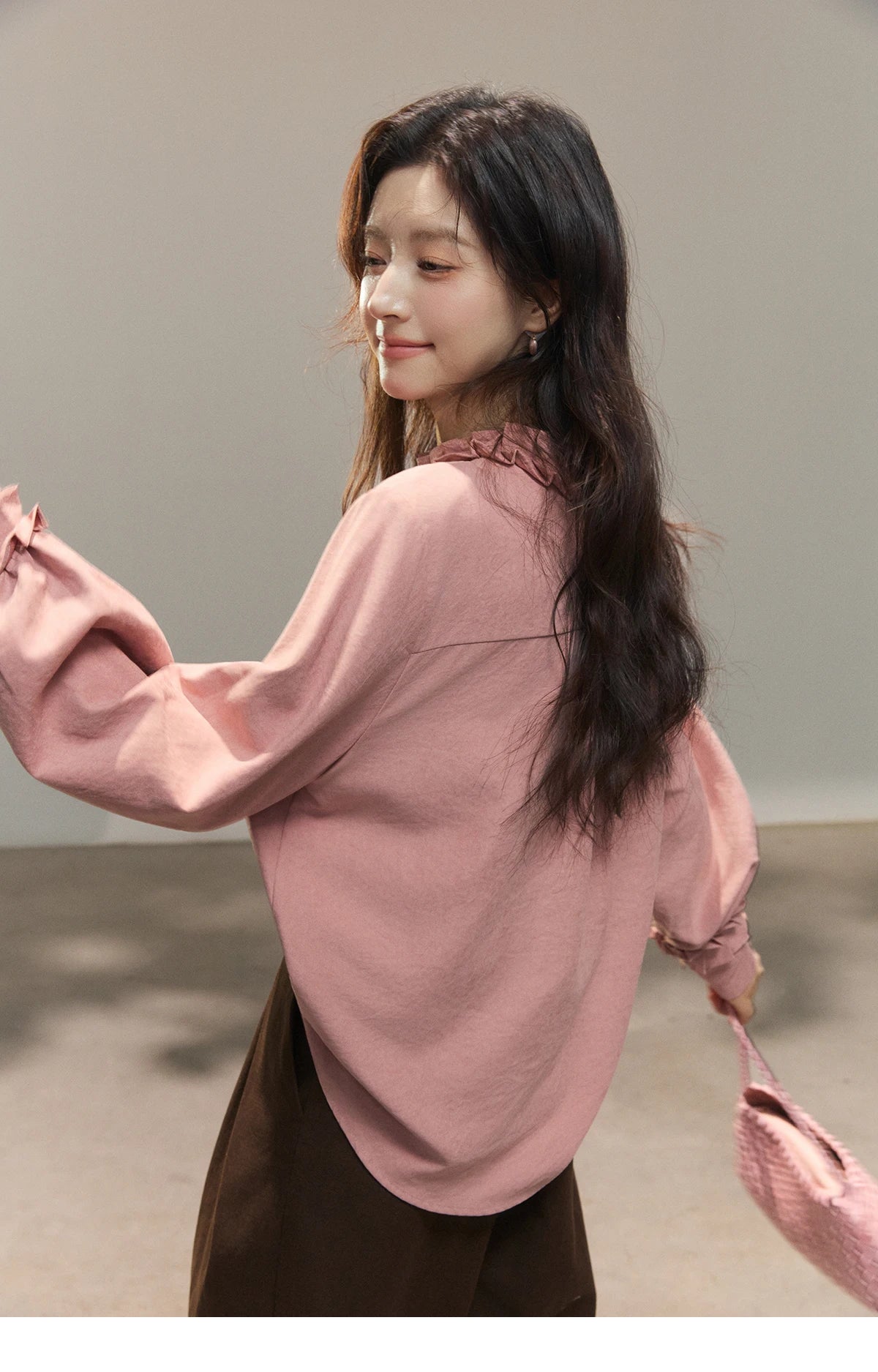 MISHOW Peach Skin Solid Shirt Ruffled Crew Neck MXF11C2431