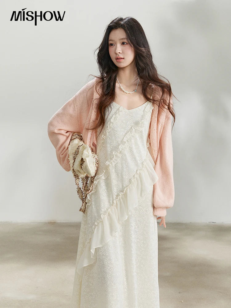 Mishow Pink Ruffled Pearl Button V-Neck Cardigan MXF108Z1028