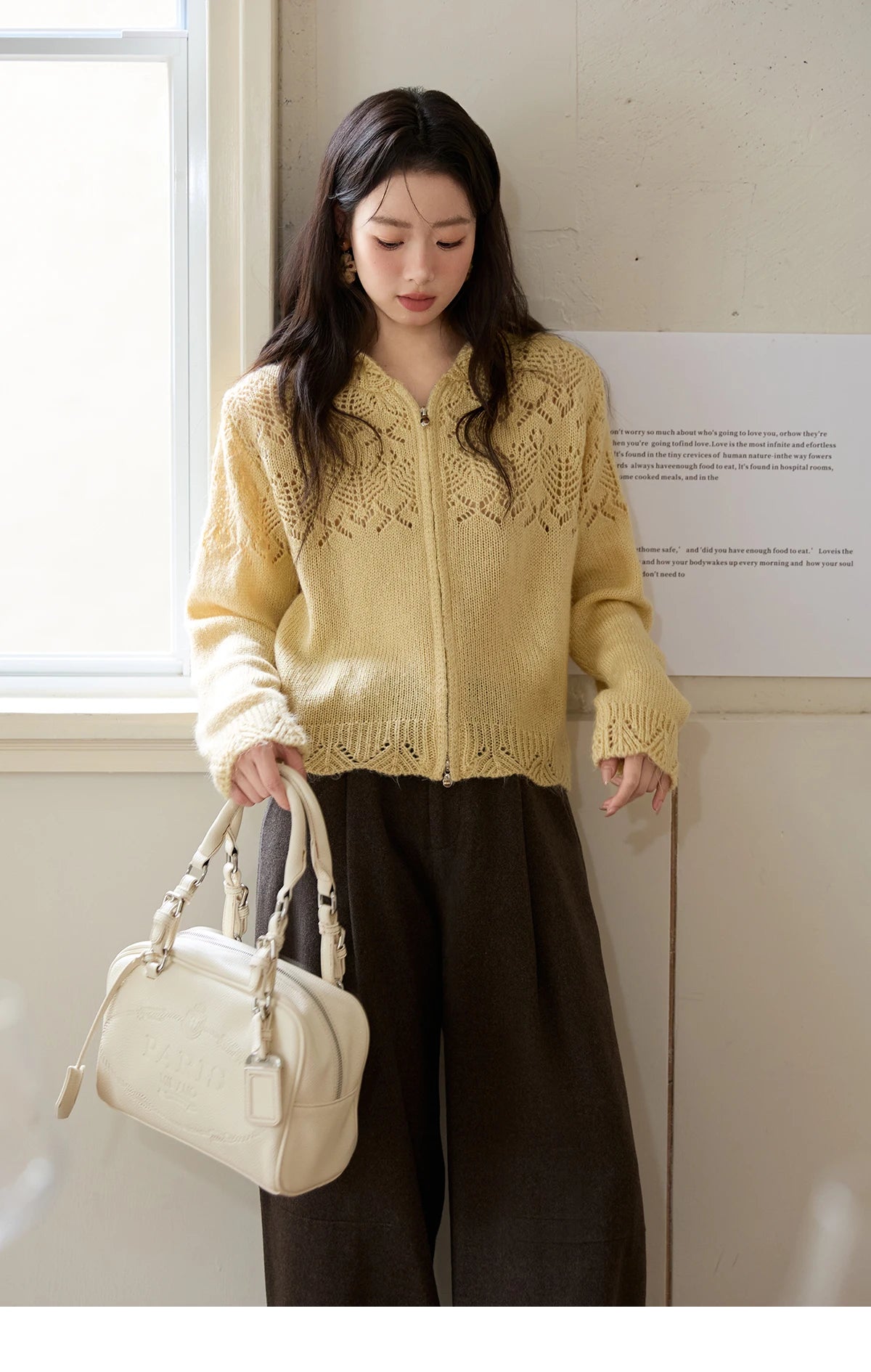 Mishow Yellow Hooded Zipper Hollow Cardigan MXE46Z2584