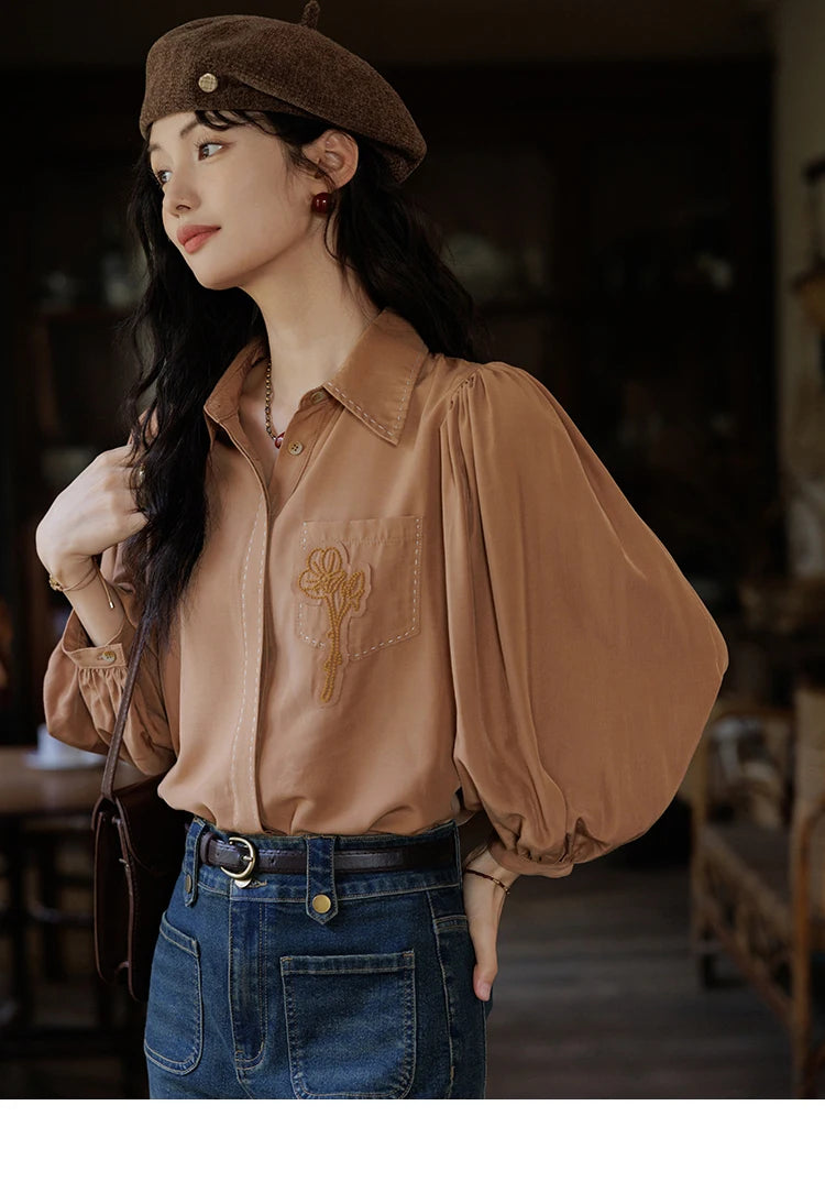 MISHOW Retro Long Sleeve Shirt Lantern Sleeve Embroidery MXD41C0287