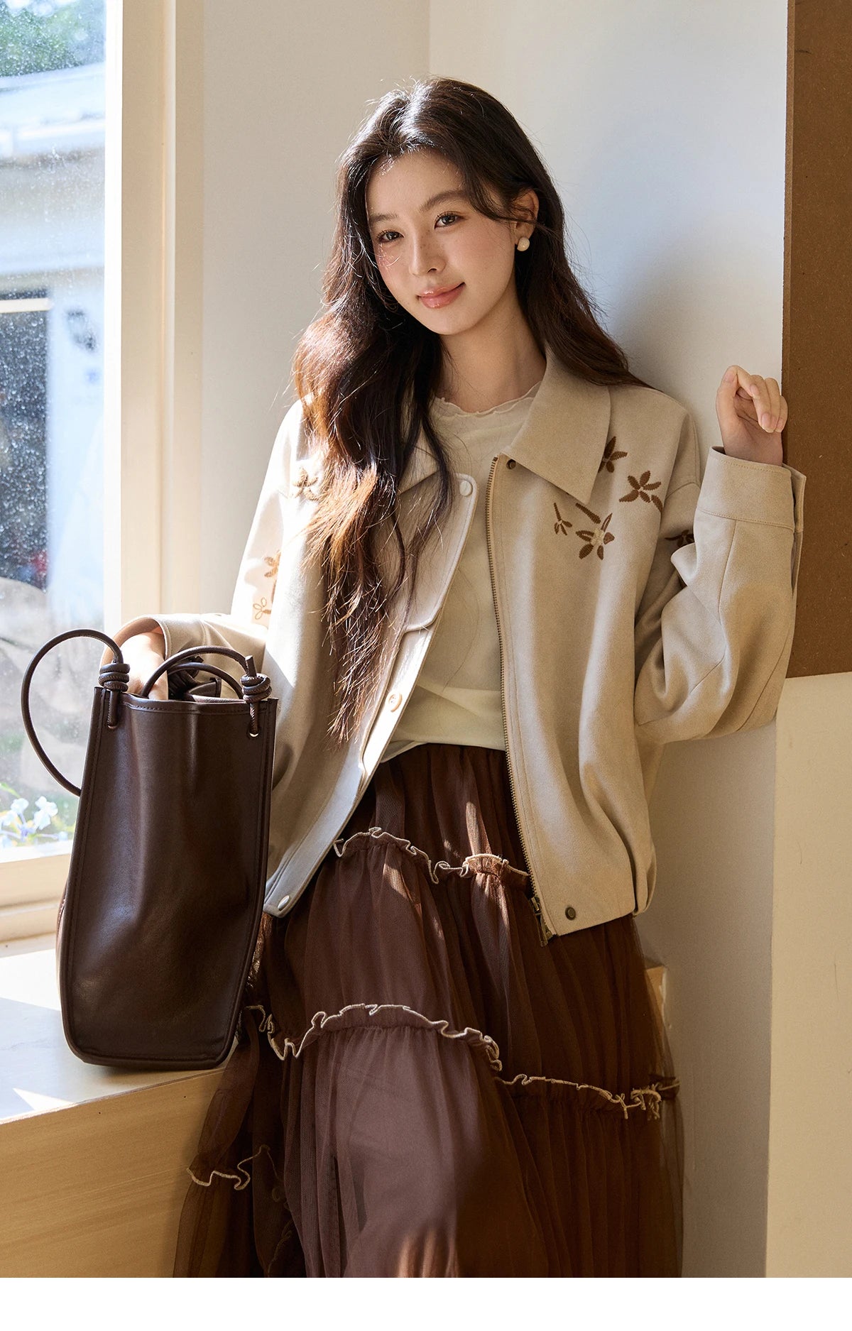 MISHOW Imitation Suede Jacket Floral Embroidery Lapel Zipper MXF11W1027