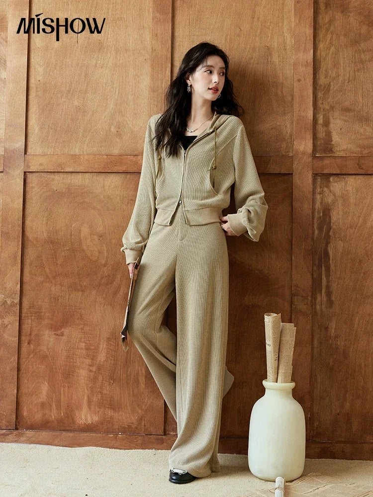 Mishow Hooded Double Zipper Sweatshirt & Straight Leg Pants Set MXD44Z0794
