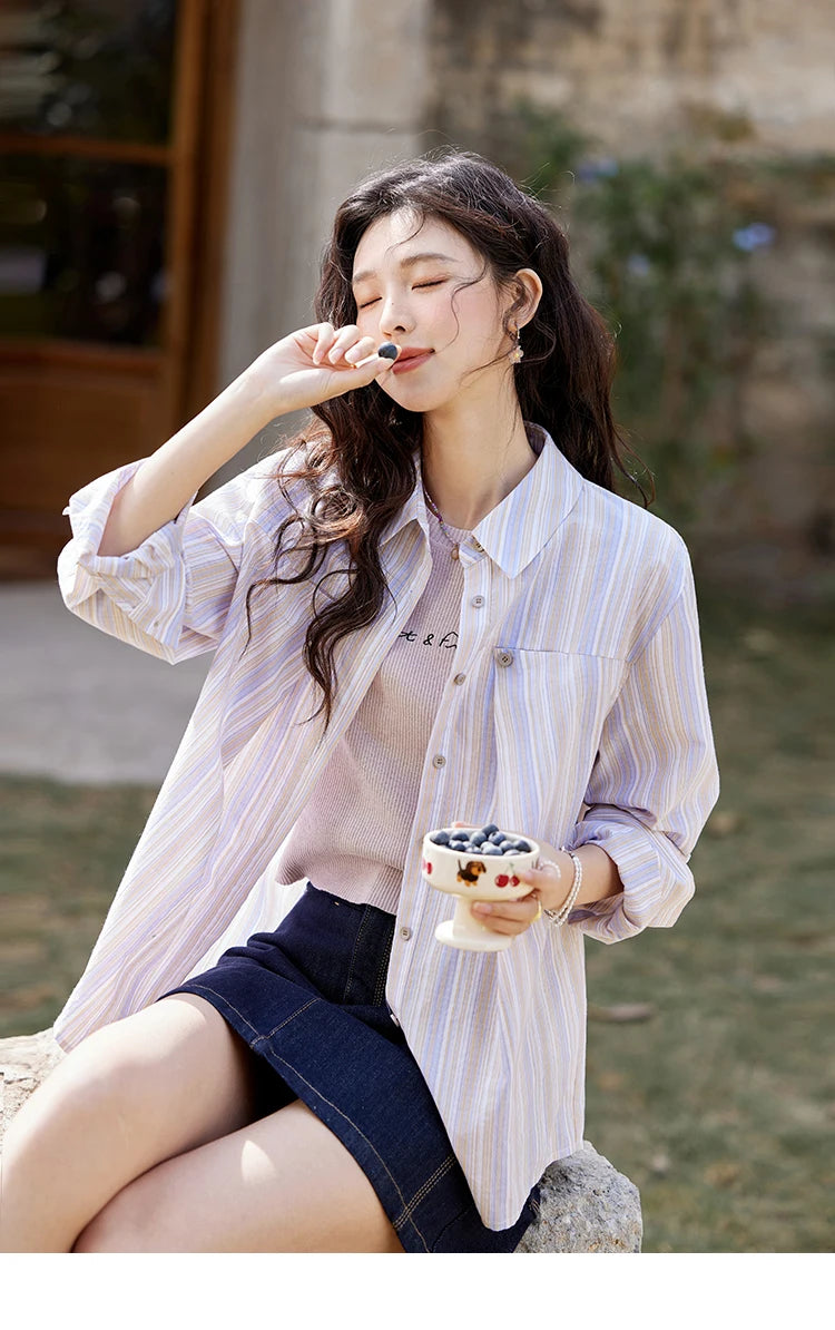 MISHOW Purple Striped Loose Shirt Turn-Down Collar MXE13C0407