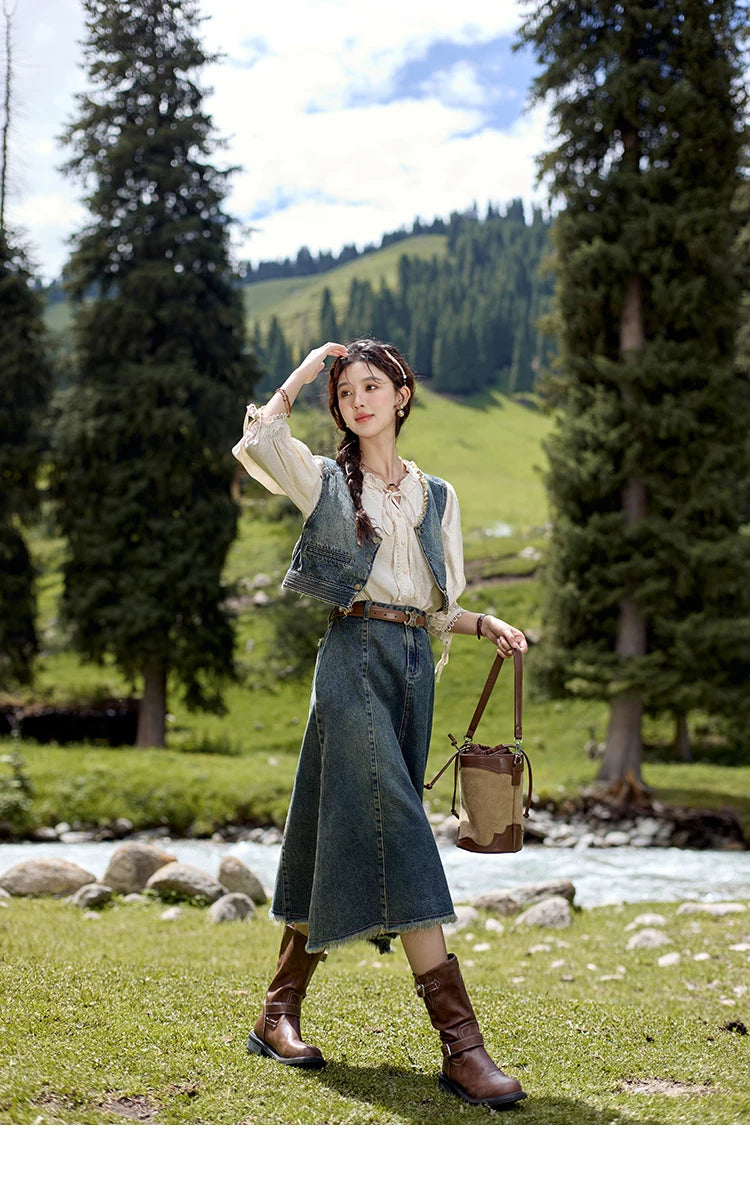Mishow Retro Blue Denim Tassel Hem Vest MXD41W0387