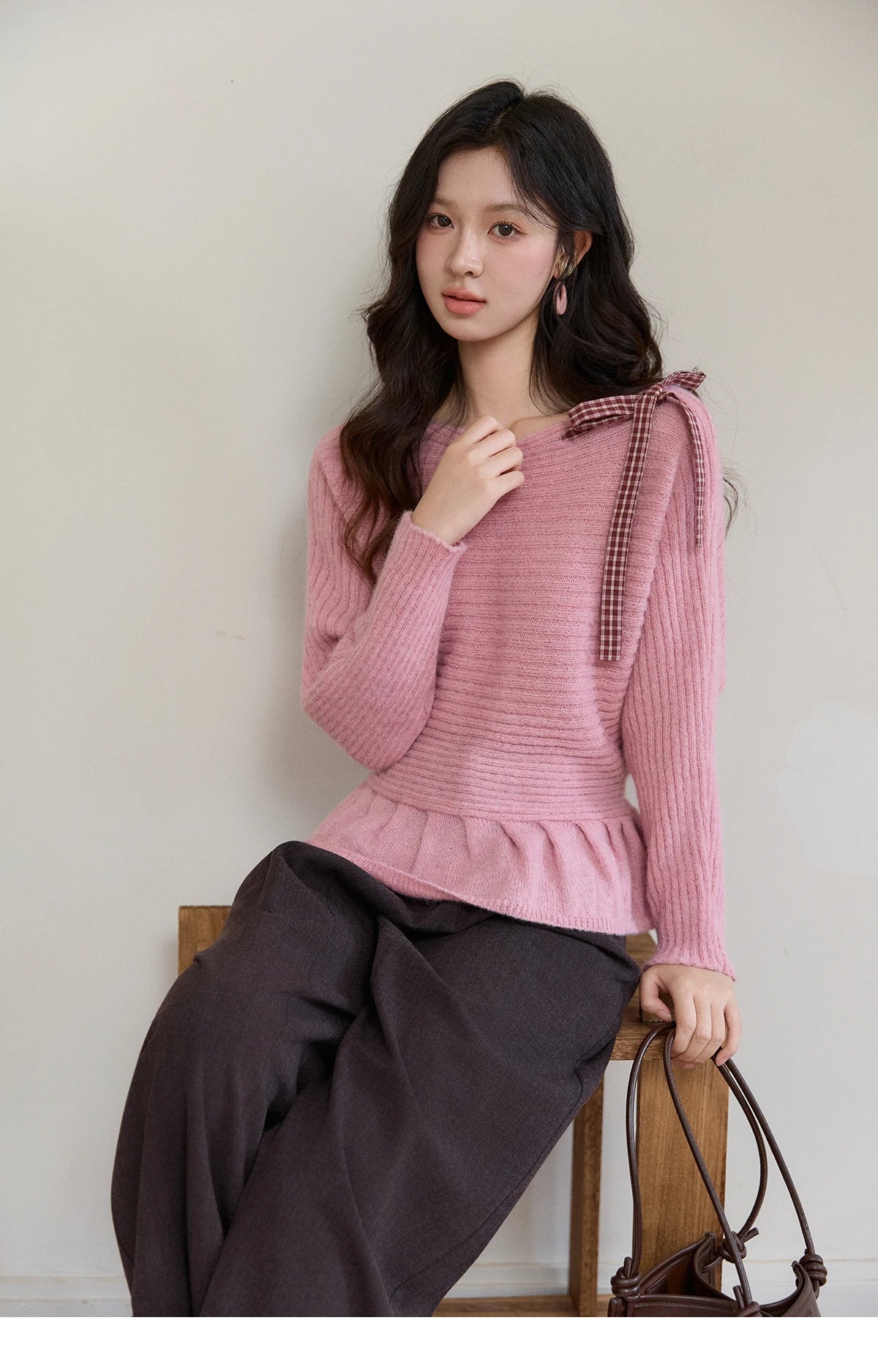 Mishow Pink Plaid Bow Peplum Ribbed Sweater MXF11Z3016