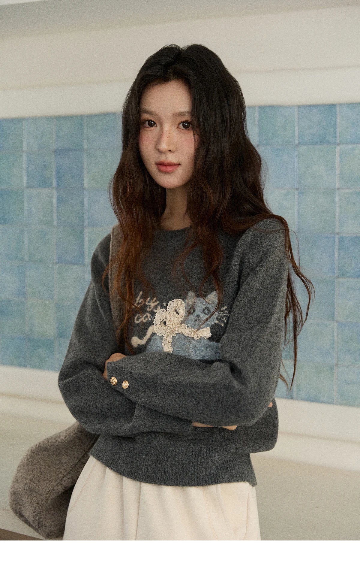 Mishow Cat Jacquard Three-Dimensional Bow Pullover MXE86Z2750