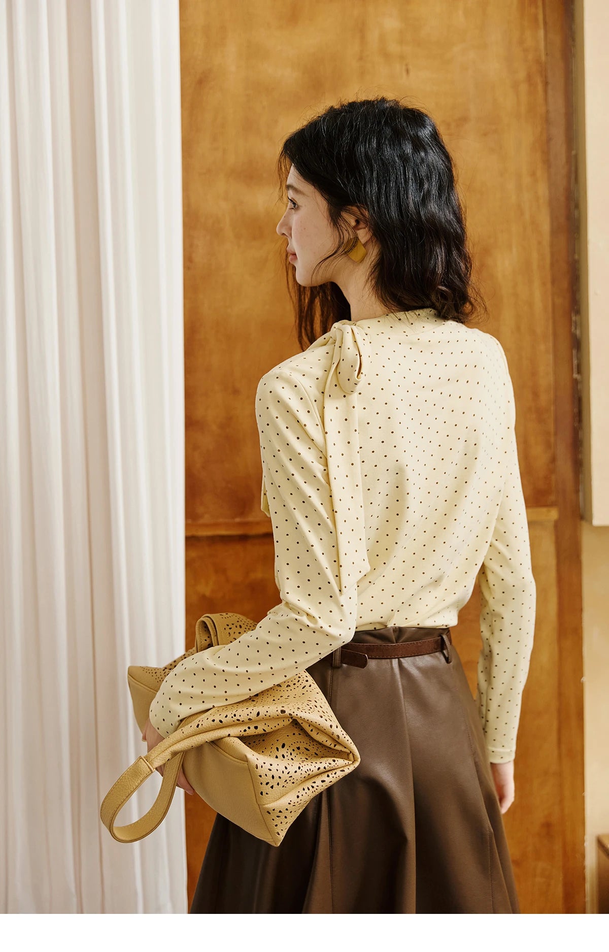 Mishow Yellow Polka Dot Lace Up Collar Pullover MXE45Z1379