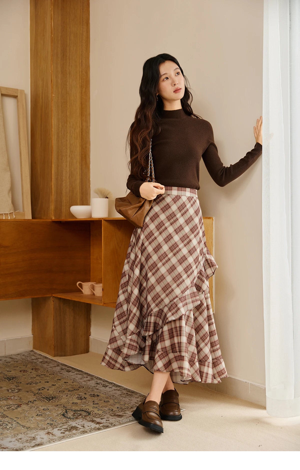 MISHOW Retro Plaid Skirt Irregular Ruffle Edge Back Elastic MXE43B2396