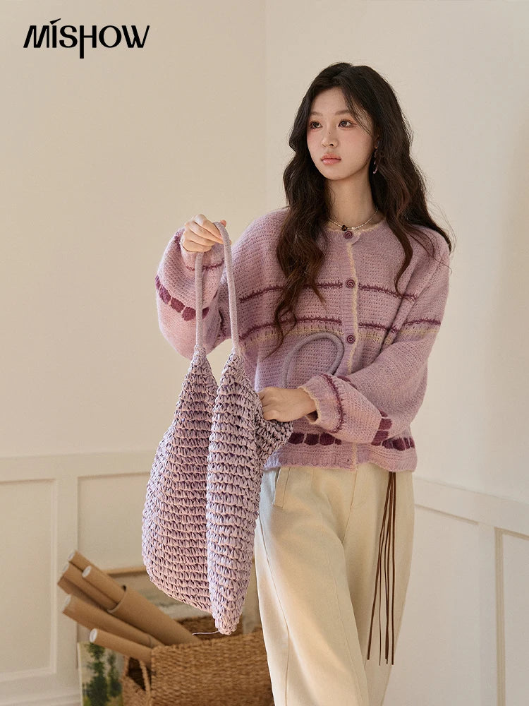Mishow Lilac Striped Dot Crew Neck Cardigan MXF11Z2897